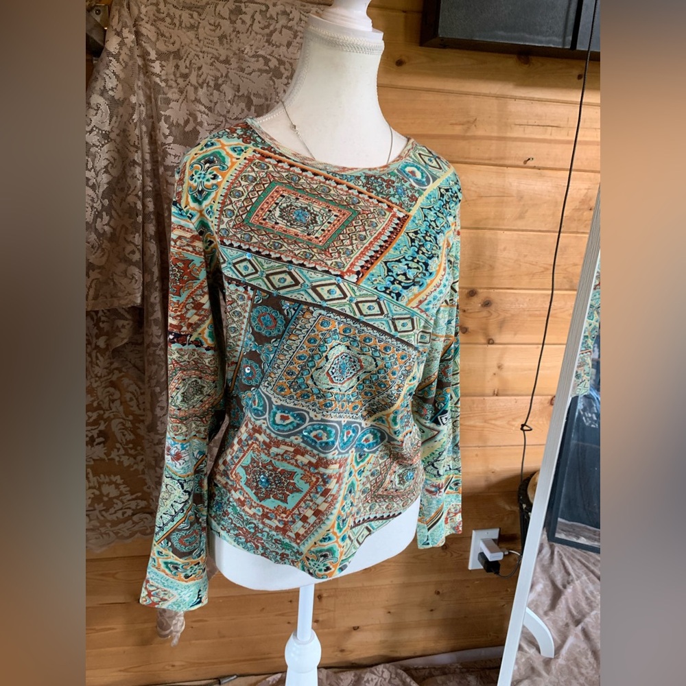 Boho Patchwork Sparkly Sequined Long Sleeve Top Hippy Whimsigoth Y2K